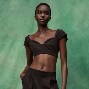 Zara Black V-Neck Pleated Shoulder Chic Crop Top Back Zip Size Small